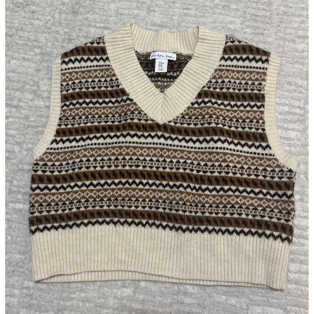 London Kaye Women's V-Neck Sweater Vest‎ Cropped Brown Tan Size Medium M Preppy